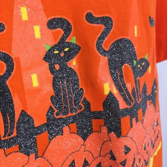 Halloween Top Womens L Orange Black Glitter Black Cat Graphic Fall Pumpkin Shirt - Picture 3 of 11